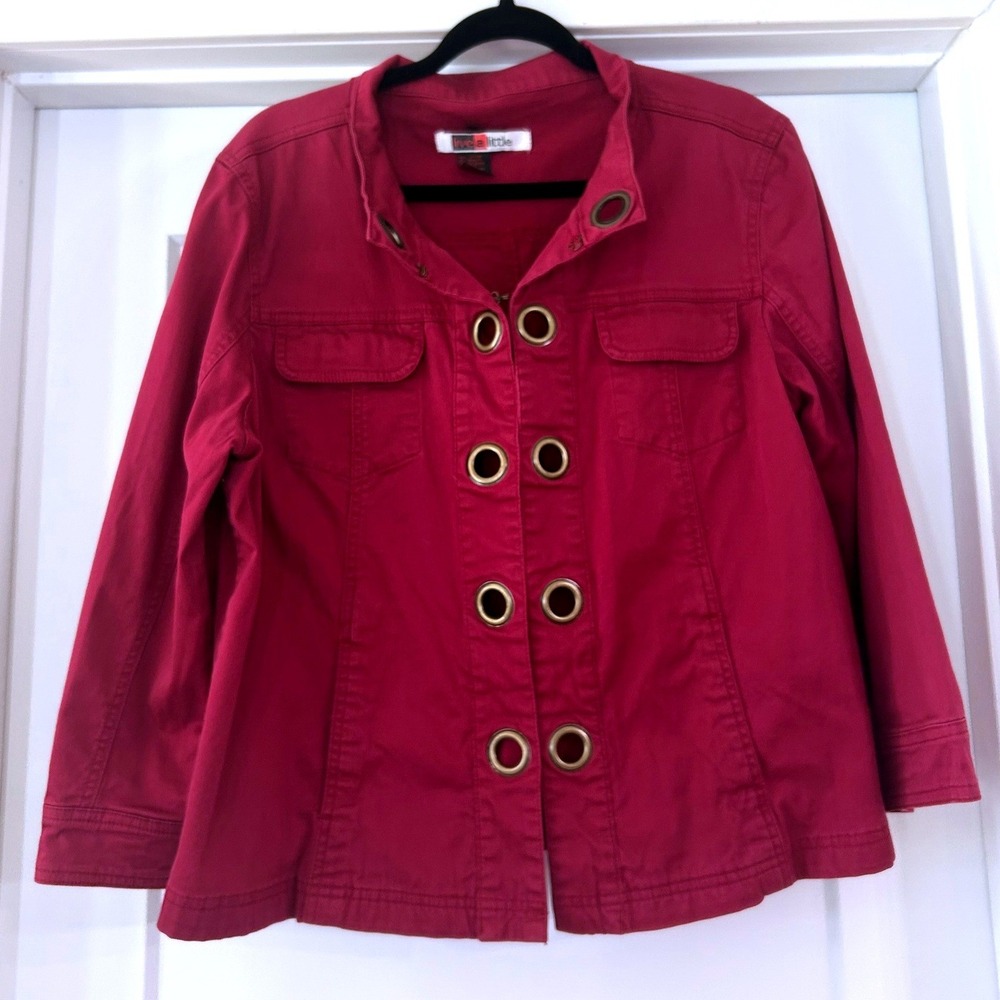 Live A Little Red Grommet Utility Jacket Womens Stretch Cotton Twill Minimalist